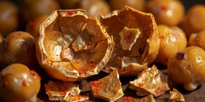 Macro detail of shattered golden roasted chickpea shell with red paprika seasoning dust