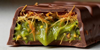 Cross section of molded chocolate bar bursting with vibrant green pistachio paste and crispy fried wheat threads