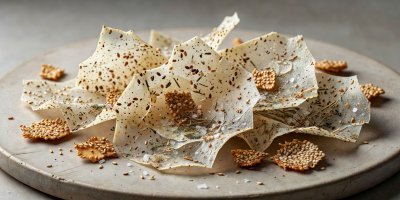 Thin baked seed crackers with translucent edges and cracked seasoning layers