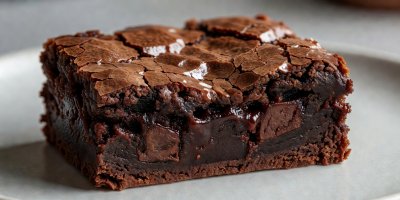 Cross section of a deep fudgy mini chocolate brownie with shiny cracked paper top