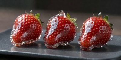 Three whole strawberries coated in a thin clear glassy hard-crack sugar shell with mirror reflections