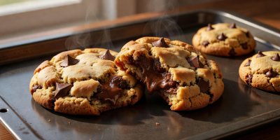Two freshly baked chocolate chunk cookies resting on dark steel tray with melted centers